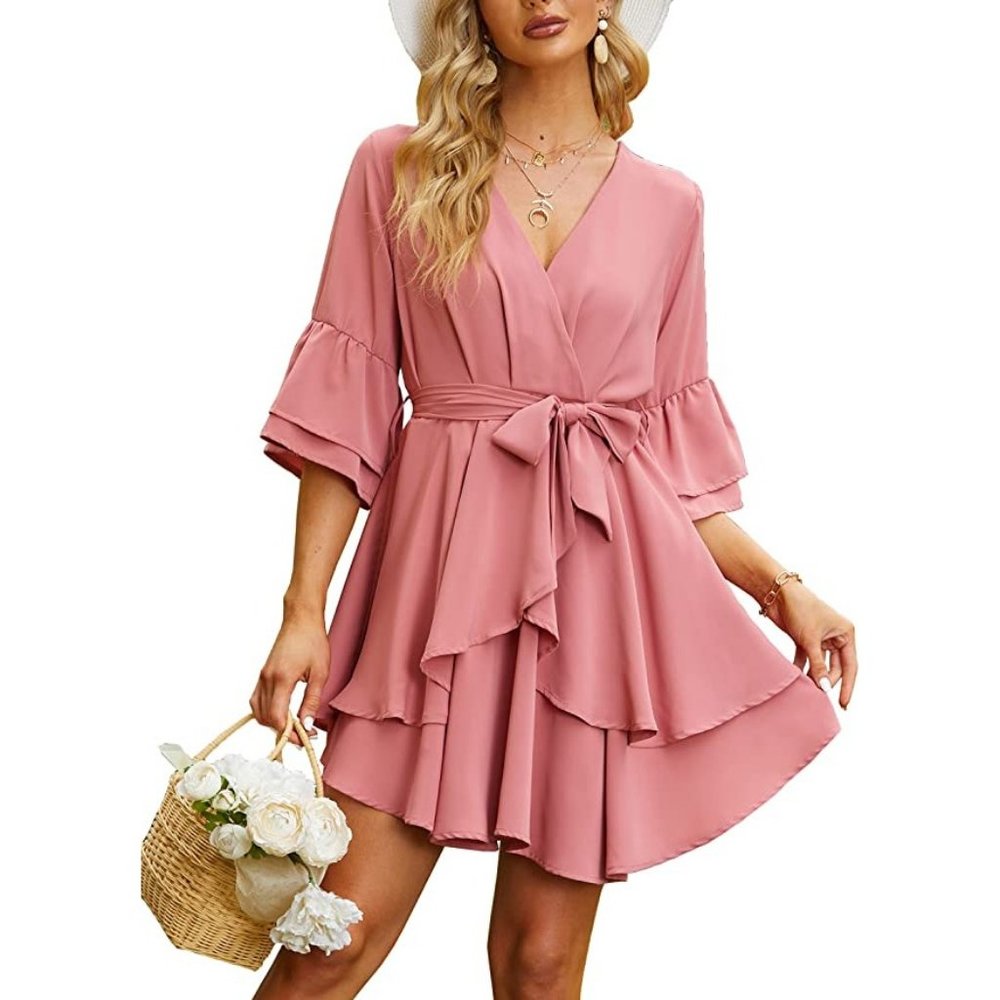 NWT Women's Dress Deep V-Neck Bell Sleeve Waist Wrap Tie Swing Mini Dresses - Picture 1 of 14